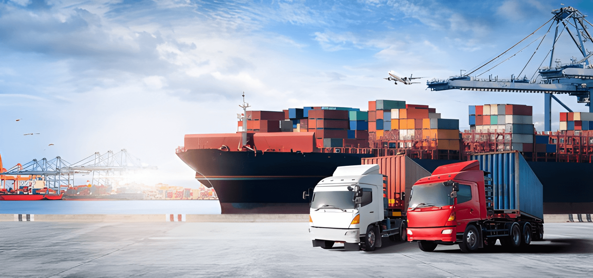 Cargo ships and trucks at a busy logistics port